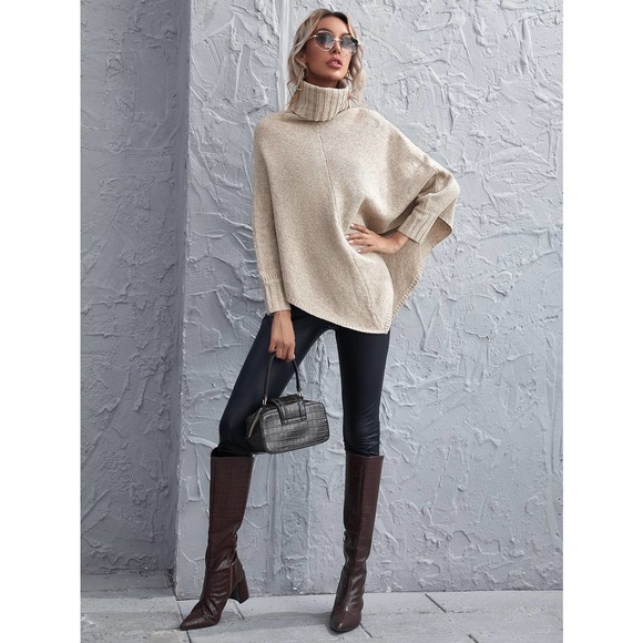 Turtleneck Asymmetrical Hem Poncho Sweater tan boho - Picture 3 of 5